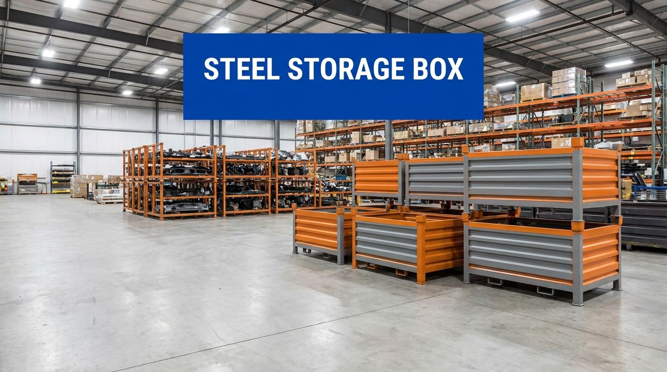 Steel storage box sign displayed in an industrial warehouse setting