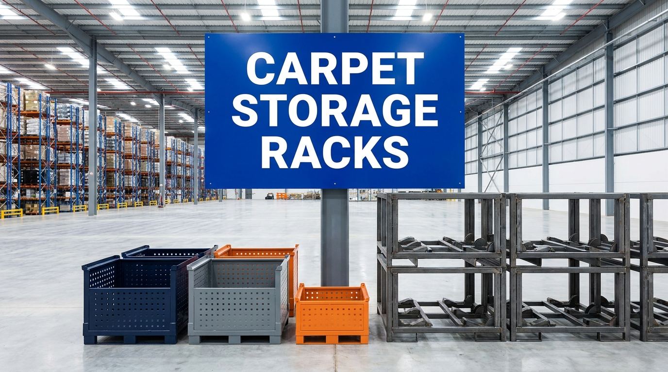 Carpet storage racks sign in a manufacturing warehouse interior