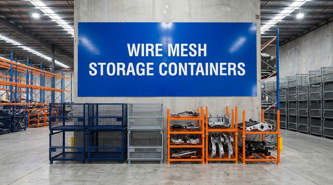 Wire mesh storage containers sign in a manufacturing warehouse