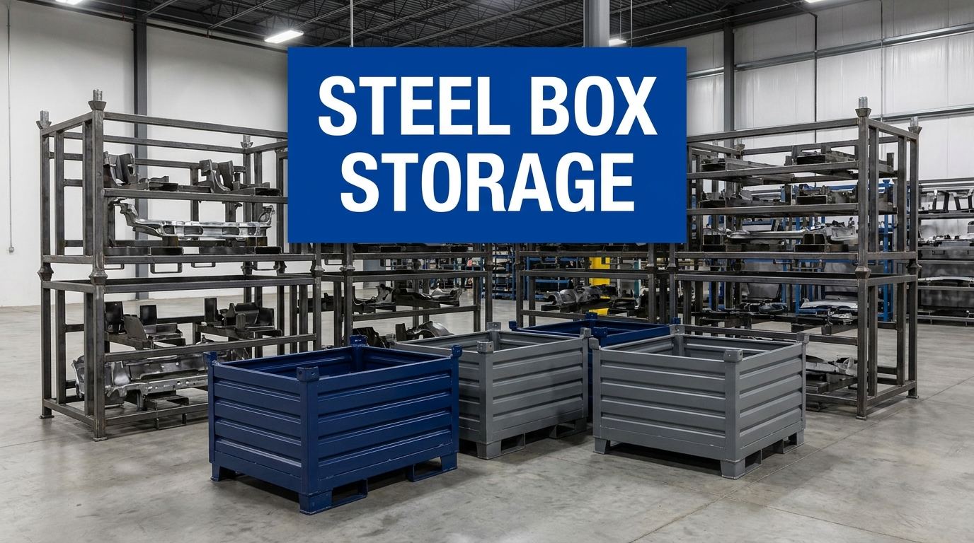 Steel box storage sign in a warehouse facility with industrial stacking racks in the background