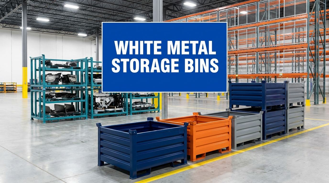 White metal storage bins sign displayed in an industrial warehouse facility
