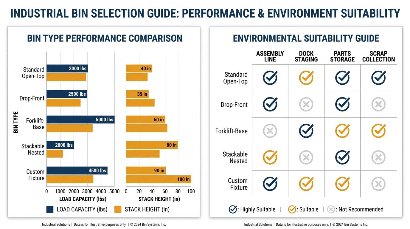 Infographic comparing white metal storage bin types and configurations for manufacturing facilities