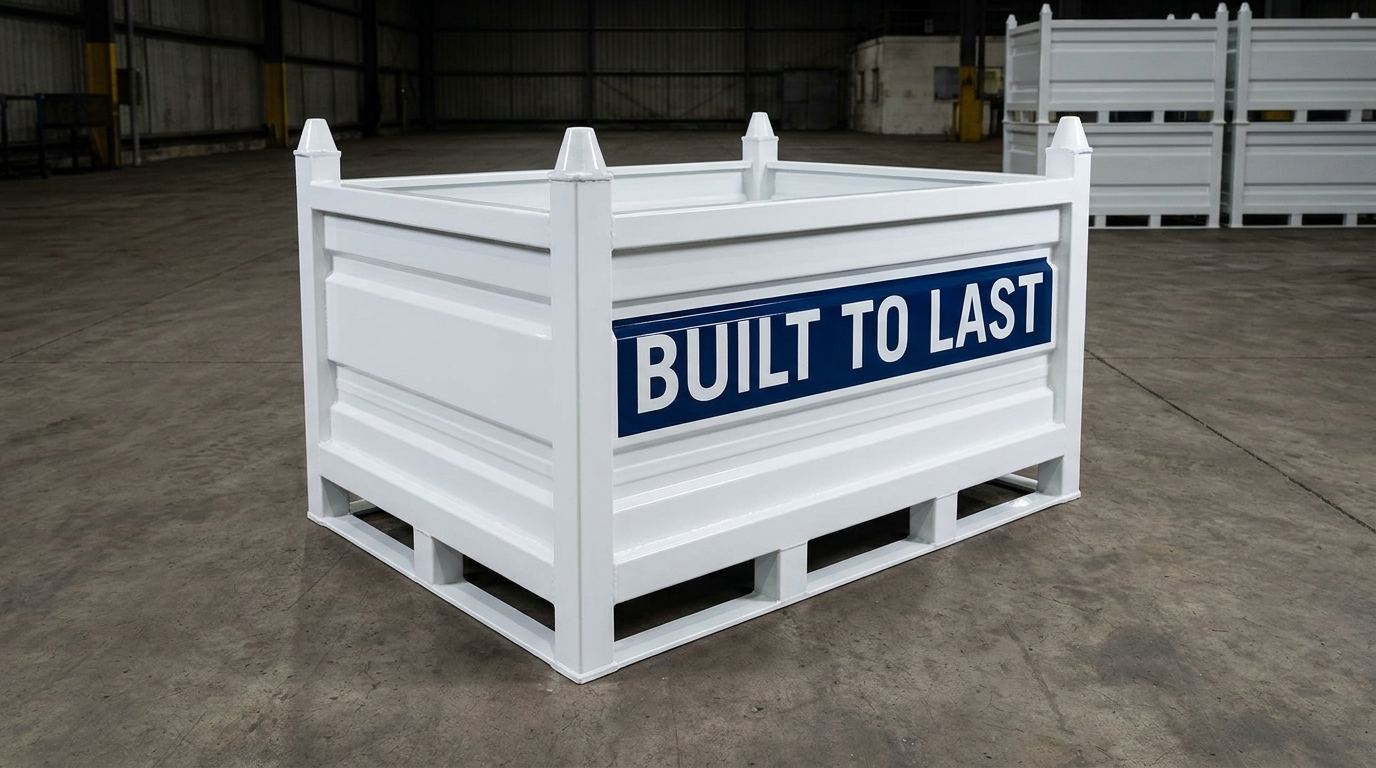 White powder-coated metal storage bin with built to last label on warehouse concrete floor