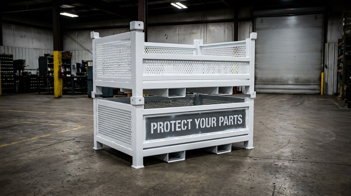 White powder-coated metal storage bins stacked two high protecting parts in a warehouse setting