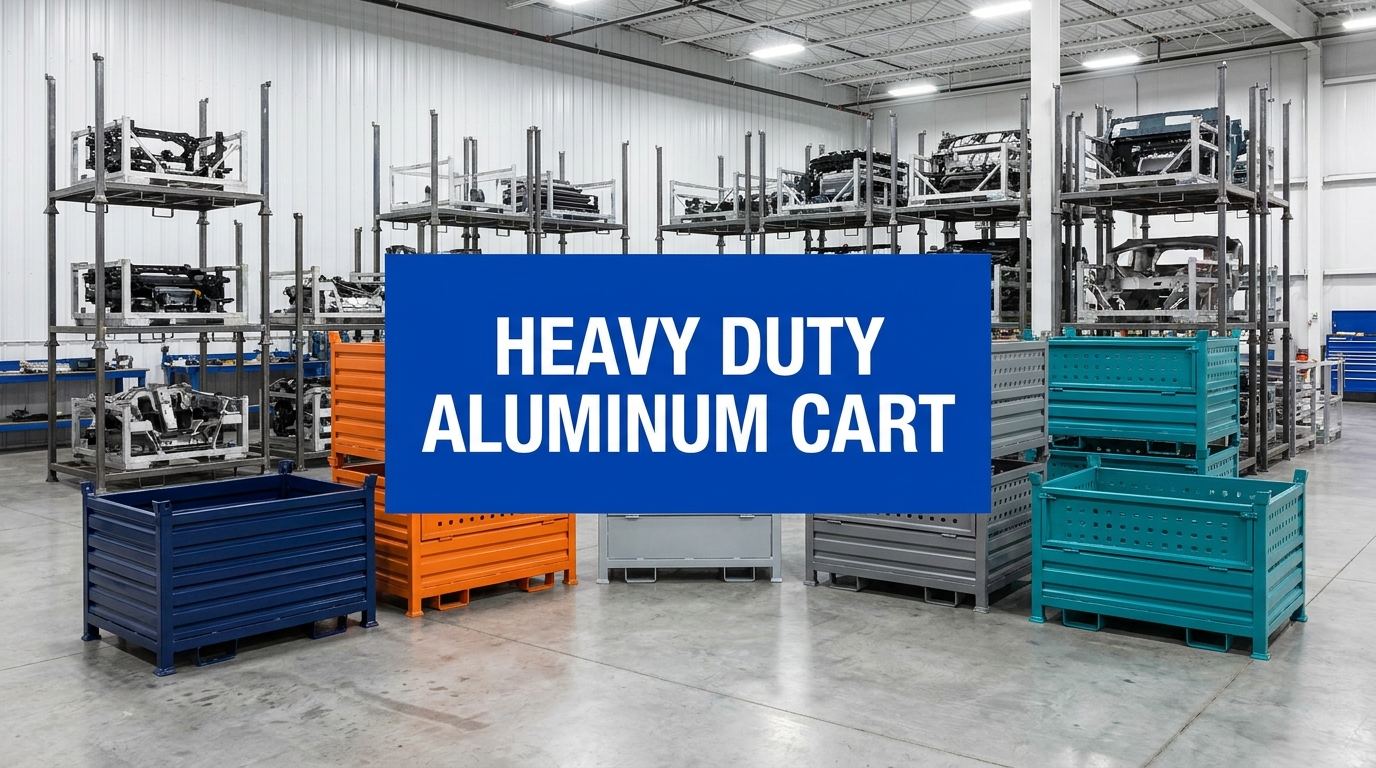 Heavy duty aluminum cart sign in a manufacturing warehouse setting