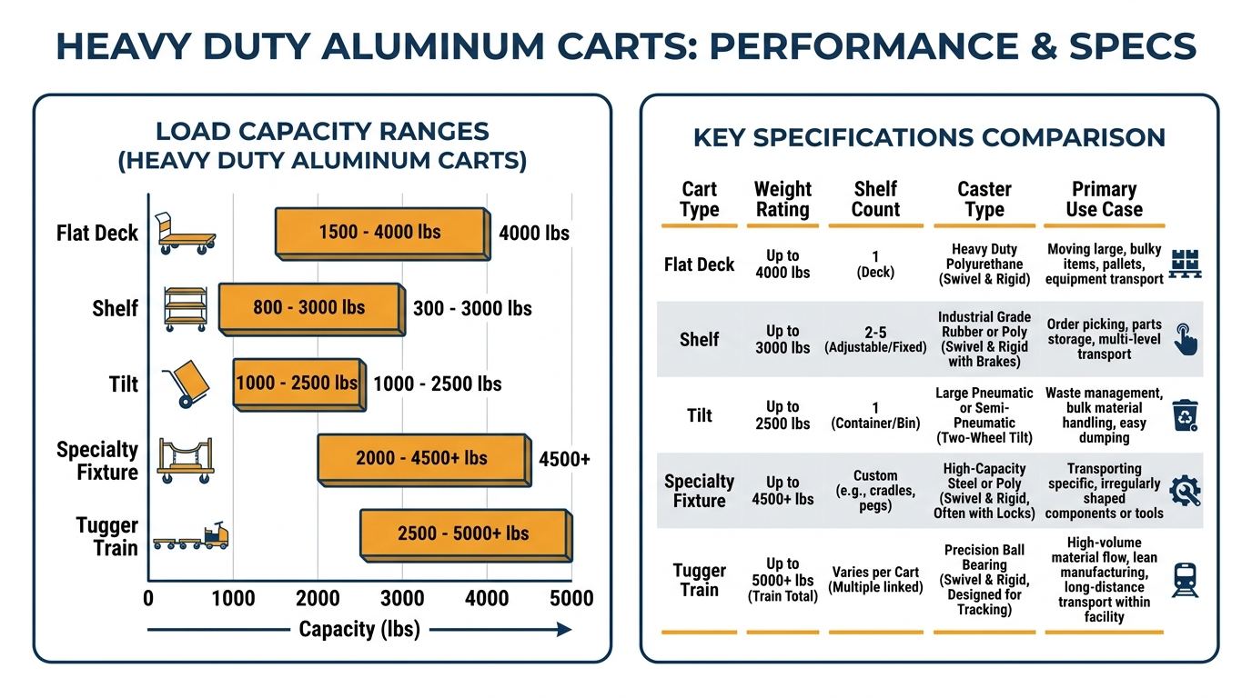 Infographic comparing types and configurations of heavy duty aluminum carts by load capacity and specifications