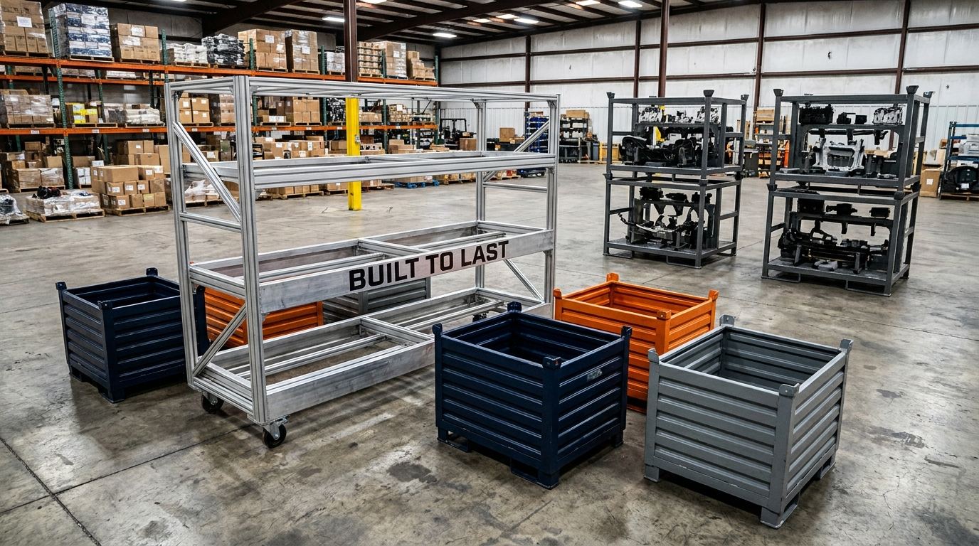 Custom heavy duty aluminum cart with BUILT TO LAST printed on frame in a warehouse setting