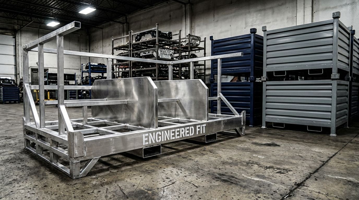 Custom heavy duty aluminum fixture cart with ENGINEERED FIT printed on frame in a plant setting