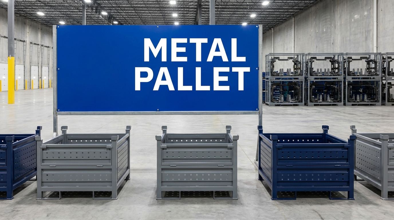 Metal pallet sign displayed in a manufacturing warehouse facility