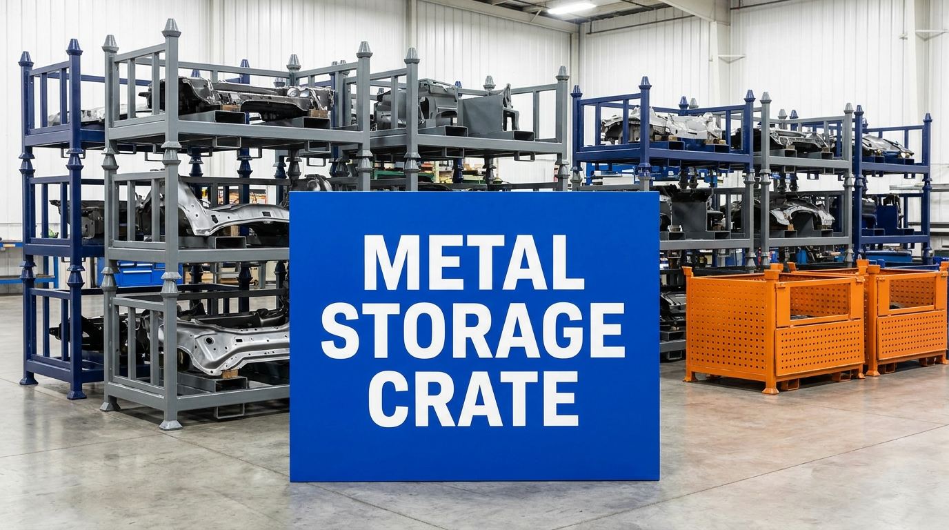Custom metal storage crate sign in a manufacturing warehouse with steel stacking racks in the background