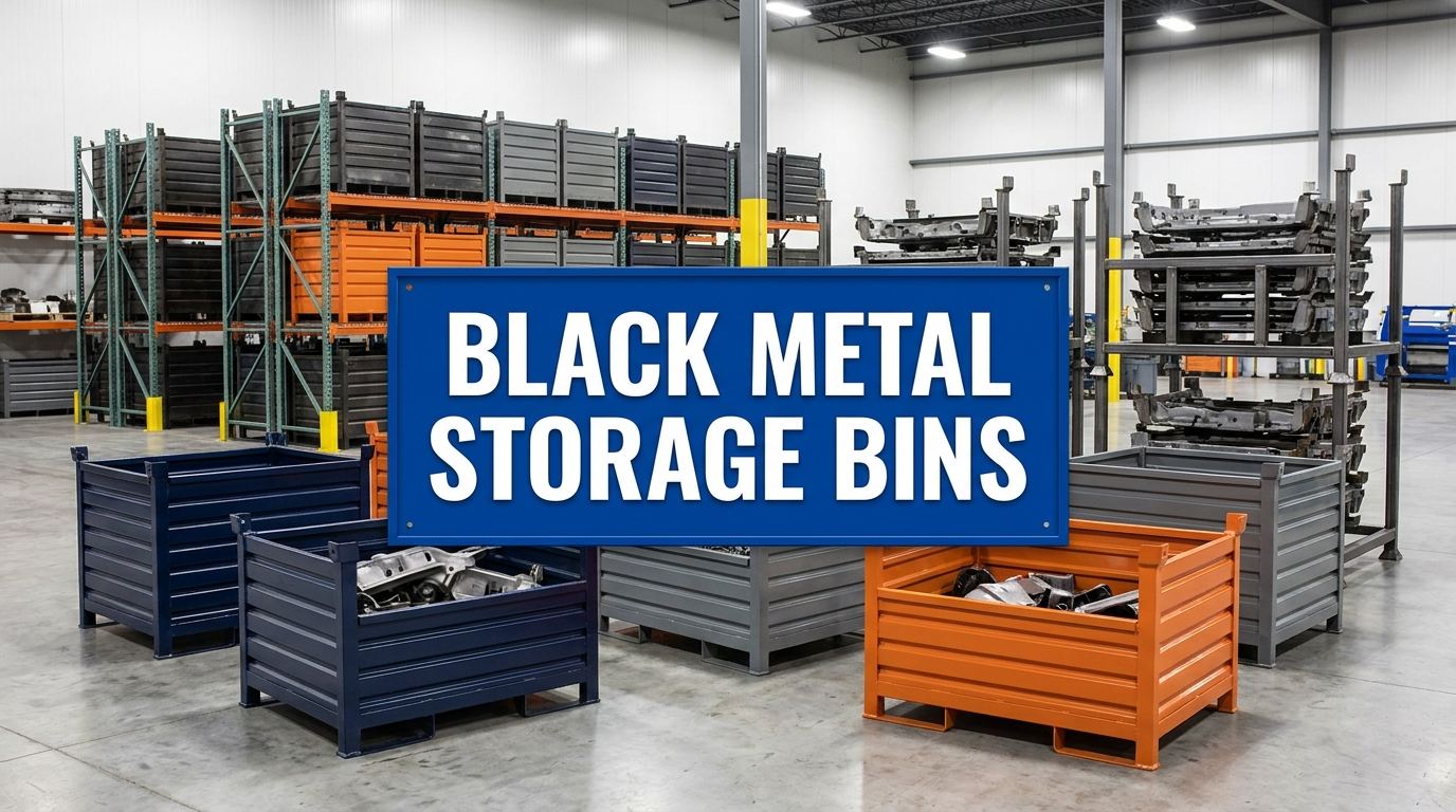 Black metal storage bins sign displayed in an industrial warehouse setting
