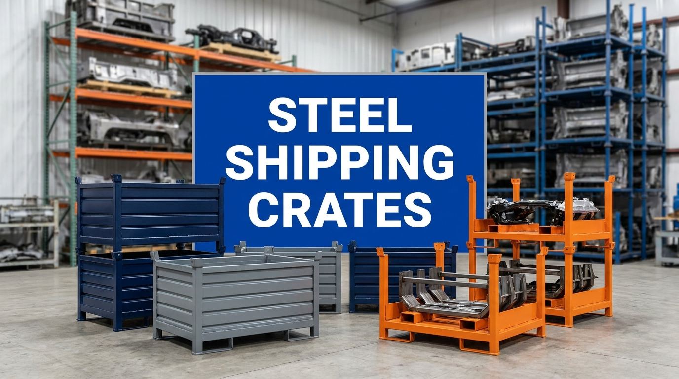 Steel shipping crates sign in a manufacturing warehouse interior